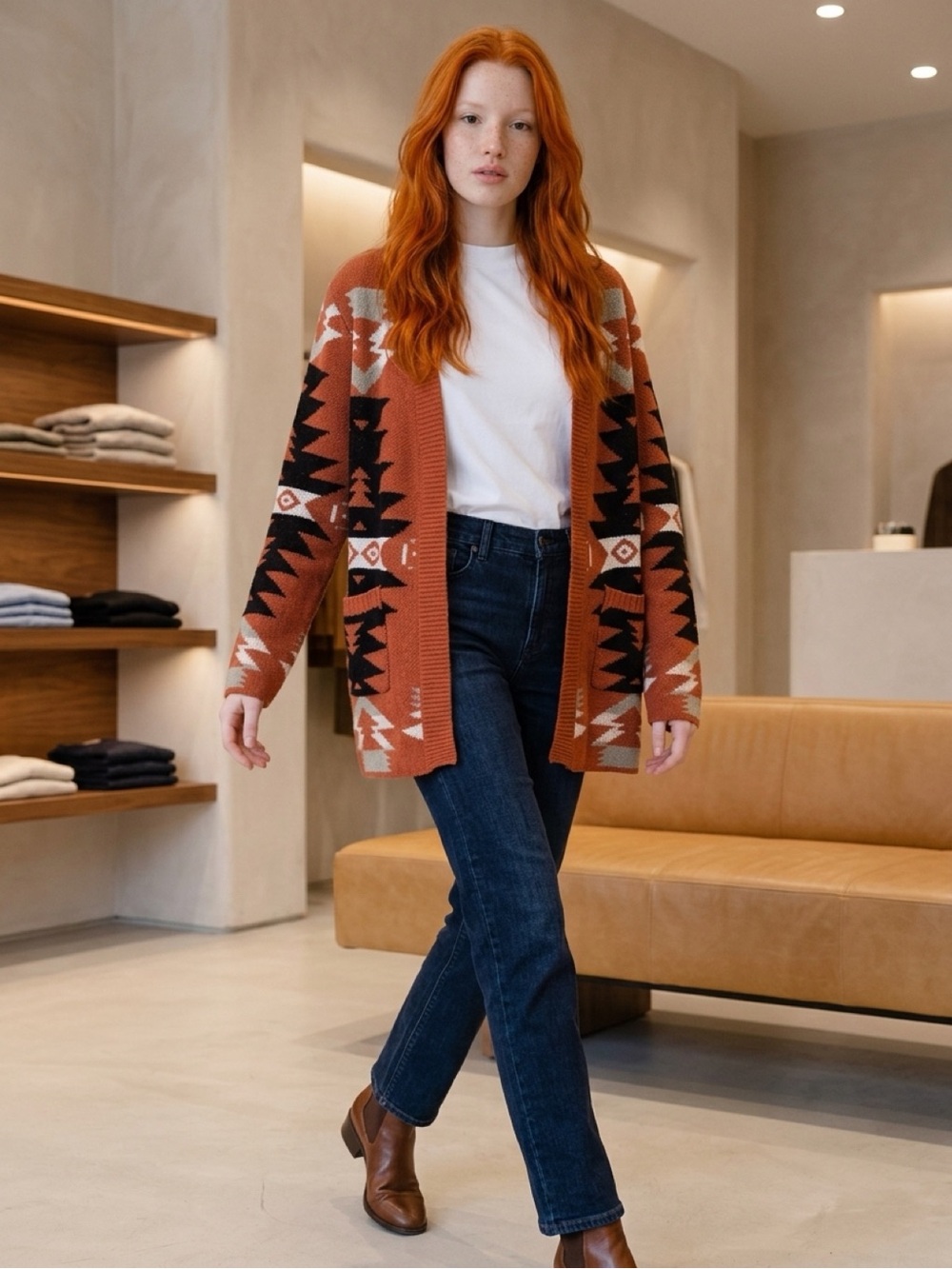Rust Aztec Open-Front Knit Cardigan Sweater - Picture 2 of 4